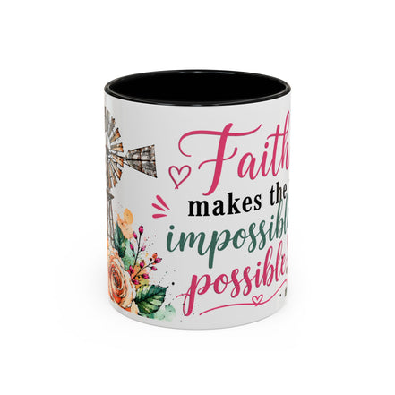 "Faith Makes the Impossible Possible" Coffee Mug — Floral Cross Inspirational Christian 110z