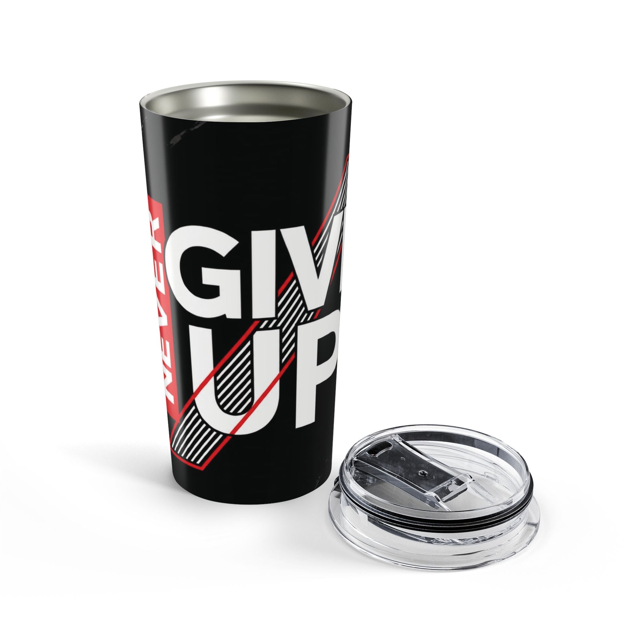20oz Tumbler — 'Never Give Up' Motivational Insulated Travel Cup (Black & Red)