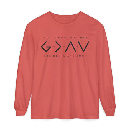 God Is Greater Than Long Sleeve T-Shirt — "God Is Greater Than The Highs And Lows" Christian Tee
