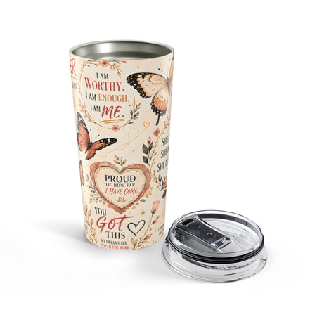 Inspirational Butterfly 20oz Tumbler — "I Am Worthy" Motivational Travel Cup