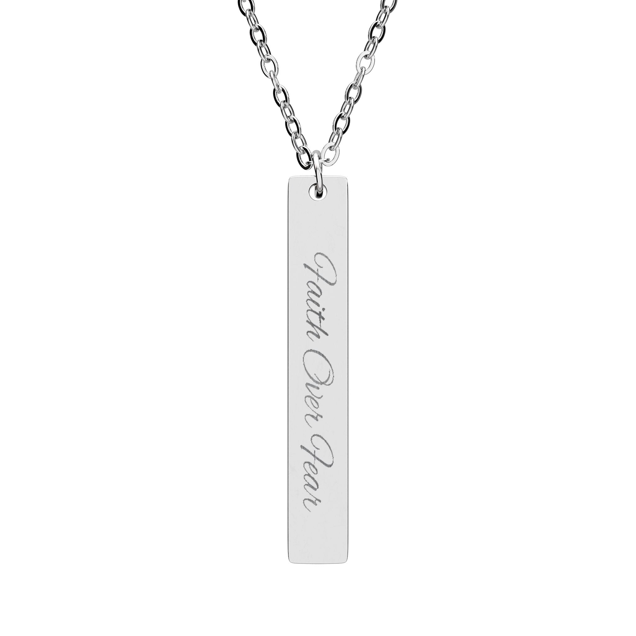 Engraved Vertical Bar Necklace — Faith Over Fear Message Pendant