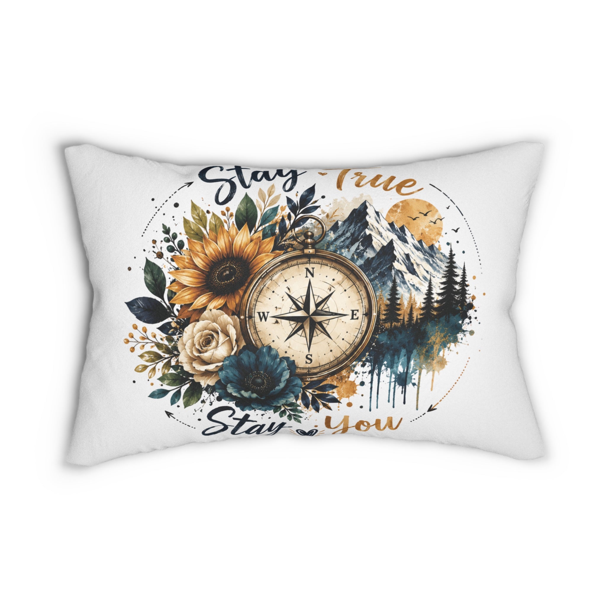 Compass & Wildflowers Lumbar Pillow — “Stay True, Stay You” Rustic Adventure Décor