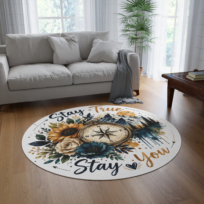 Round Rug — 'Stay True Stay You' Compass Floral Mountain Boho Accent Rug