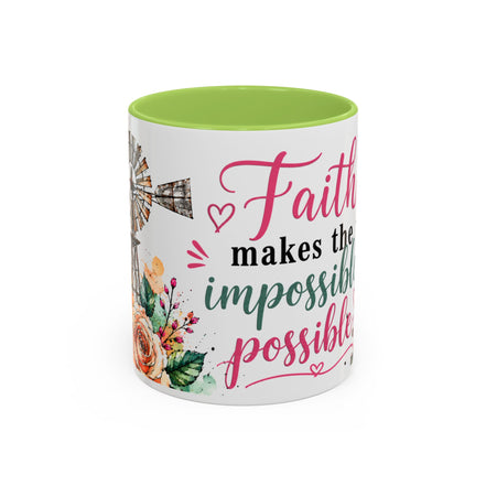 "Faith Makes the Impossible Possible" Coffee Mug — Floral Cross Inspirational Christian 110z