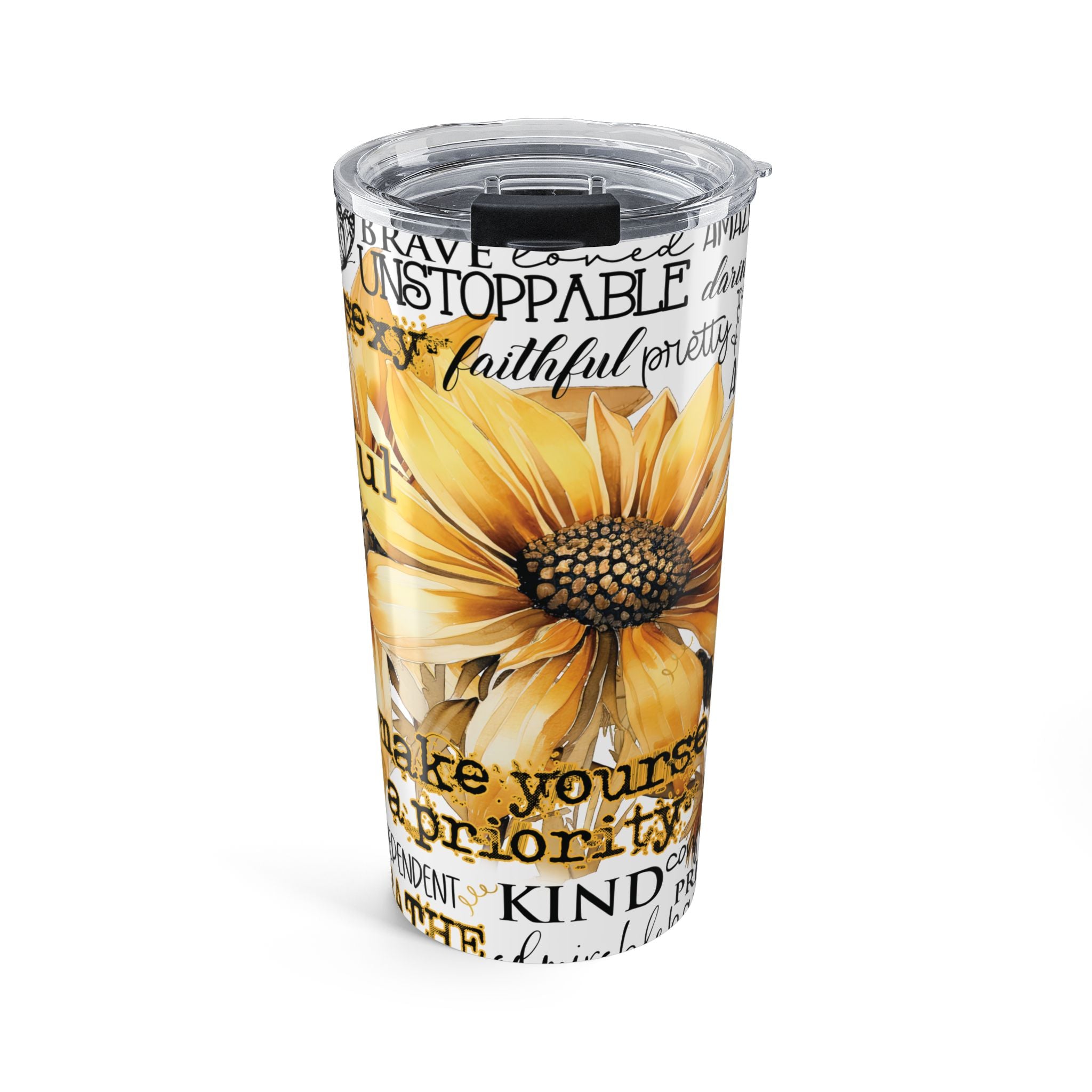Inspirational Sunflower 20oz Tumbler — Motivational Word Art Travel Mug