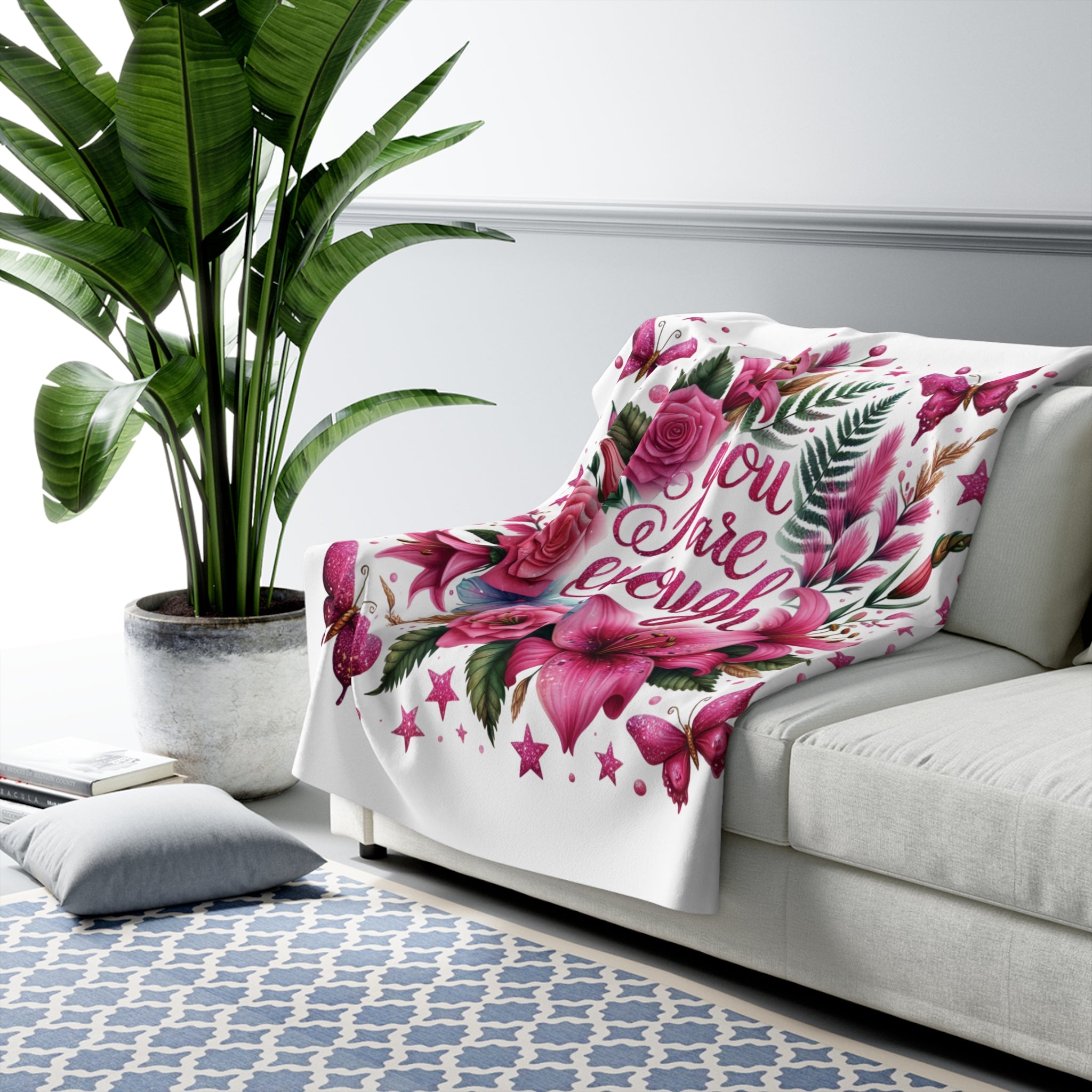 You Are Enough Sherpa Blanket — Pink Floral Inspirational Throw