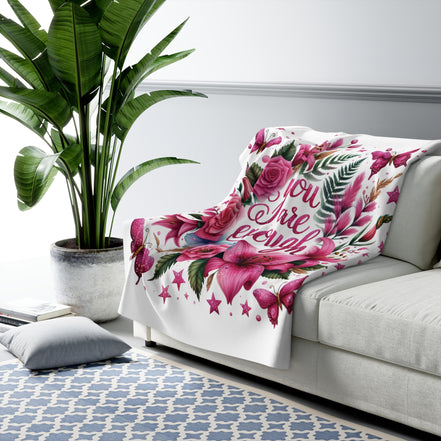 You Are Enough Sherpa Blanket — Pink Floral Inspirational Throw