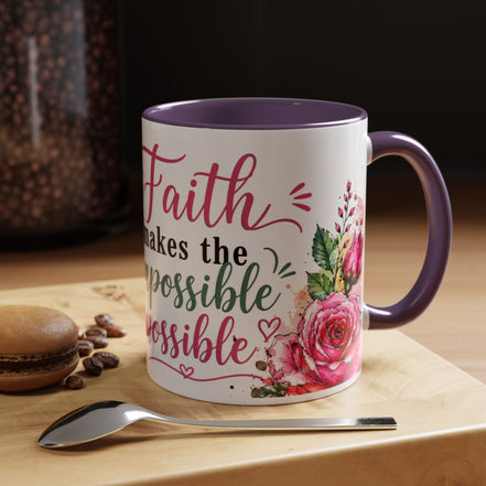 "Faith Makes the Impossible Possible" Coffee Mug — Floral Cross Inspirational Christian 110z