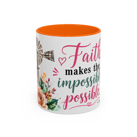 "Faith Makes the Impossible Possible" Coffee Mug — Floral Cross Inspirational Christian 110z