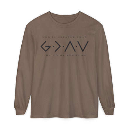God Is Greater Than Long Sleeve T-Shirt — "God Is Greater Than The Highs And Lows" Christian Tee