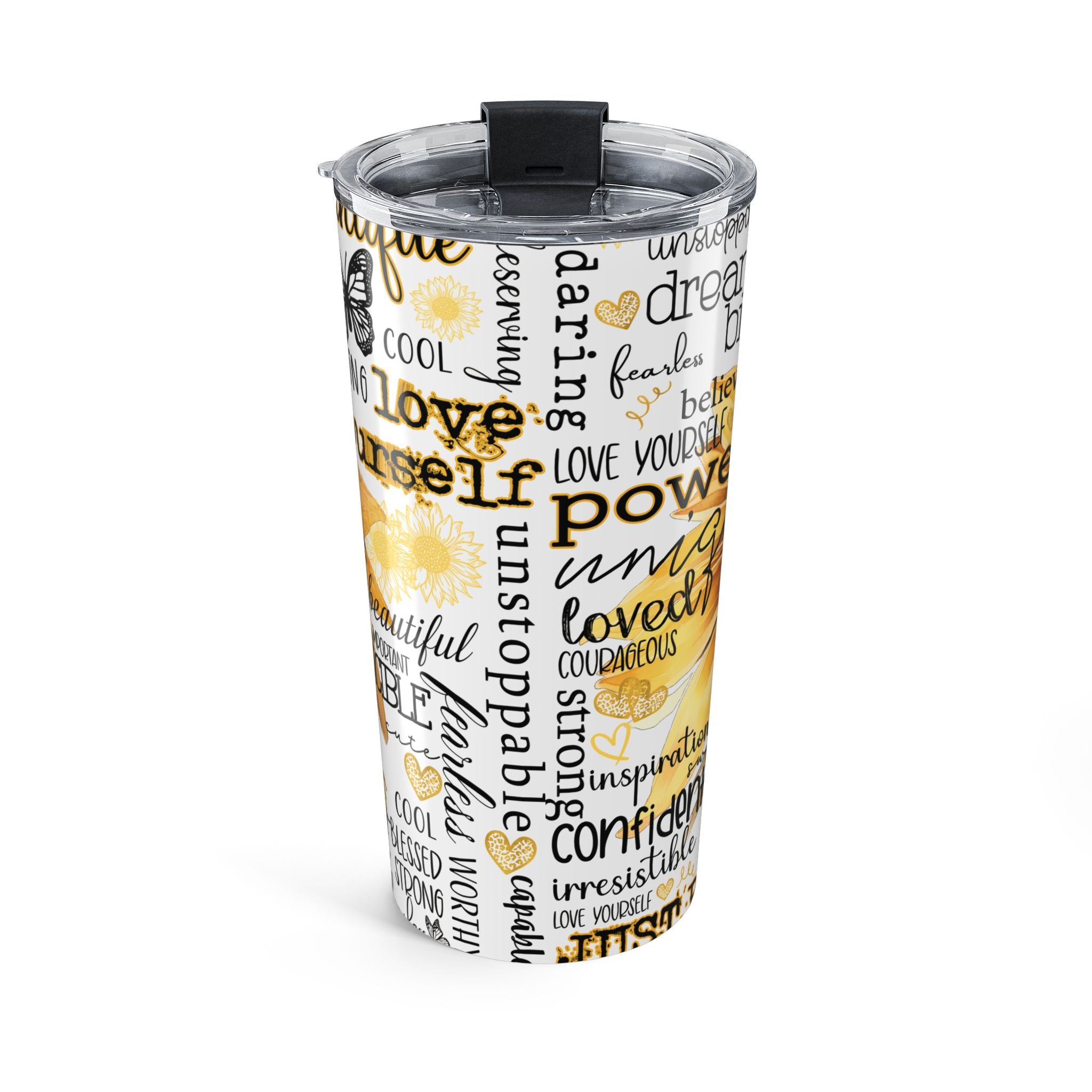 Inspirational Sunflower 20oz Tumbler — Motivational Word Art Travel Mug