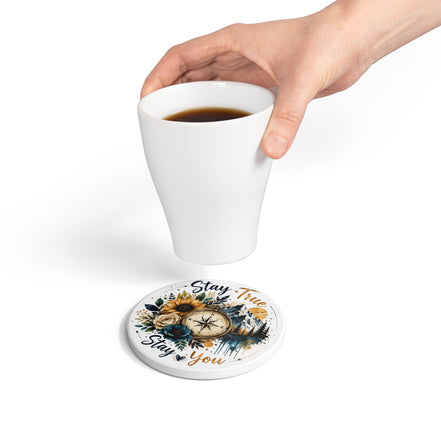 Ceramic Coaster — "Stay True Stay You" Compass & Sunflower Rustic Nature Coaster