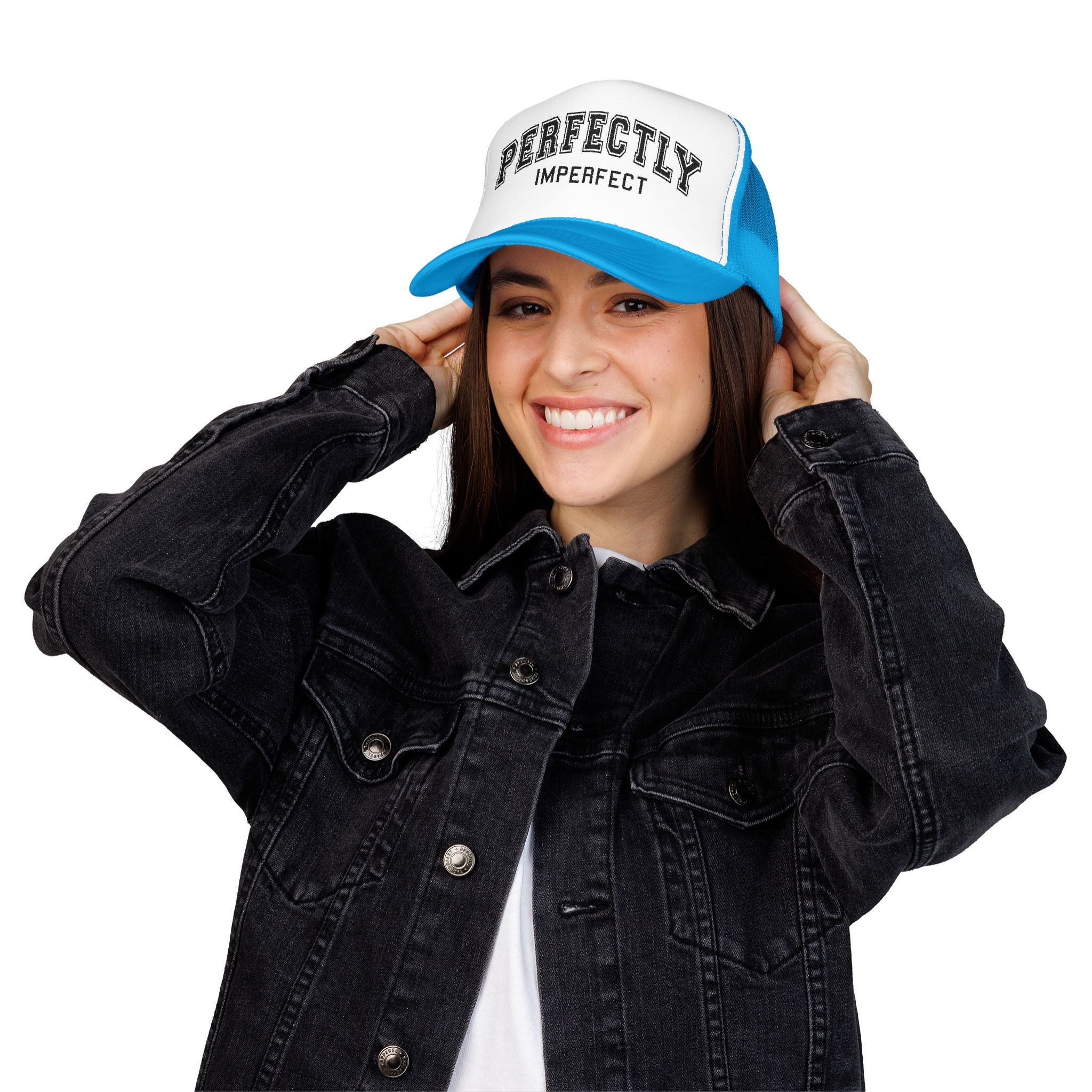 Women's Perfectly Imperfect Foam Trucker Hat — Casual Mesh Cap with Positive Message