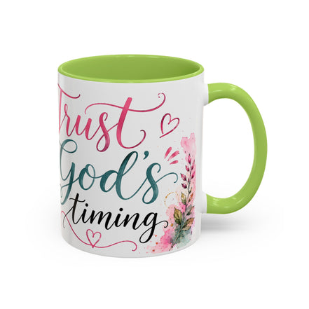 Faith Coffee Mug (11oz) — "Trust God's Timing" Floral Accent Mug