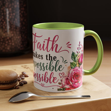 "Faith Makes the Impossible Possible" Coffee Mug — Floral Cross Inspirational Christian 110z