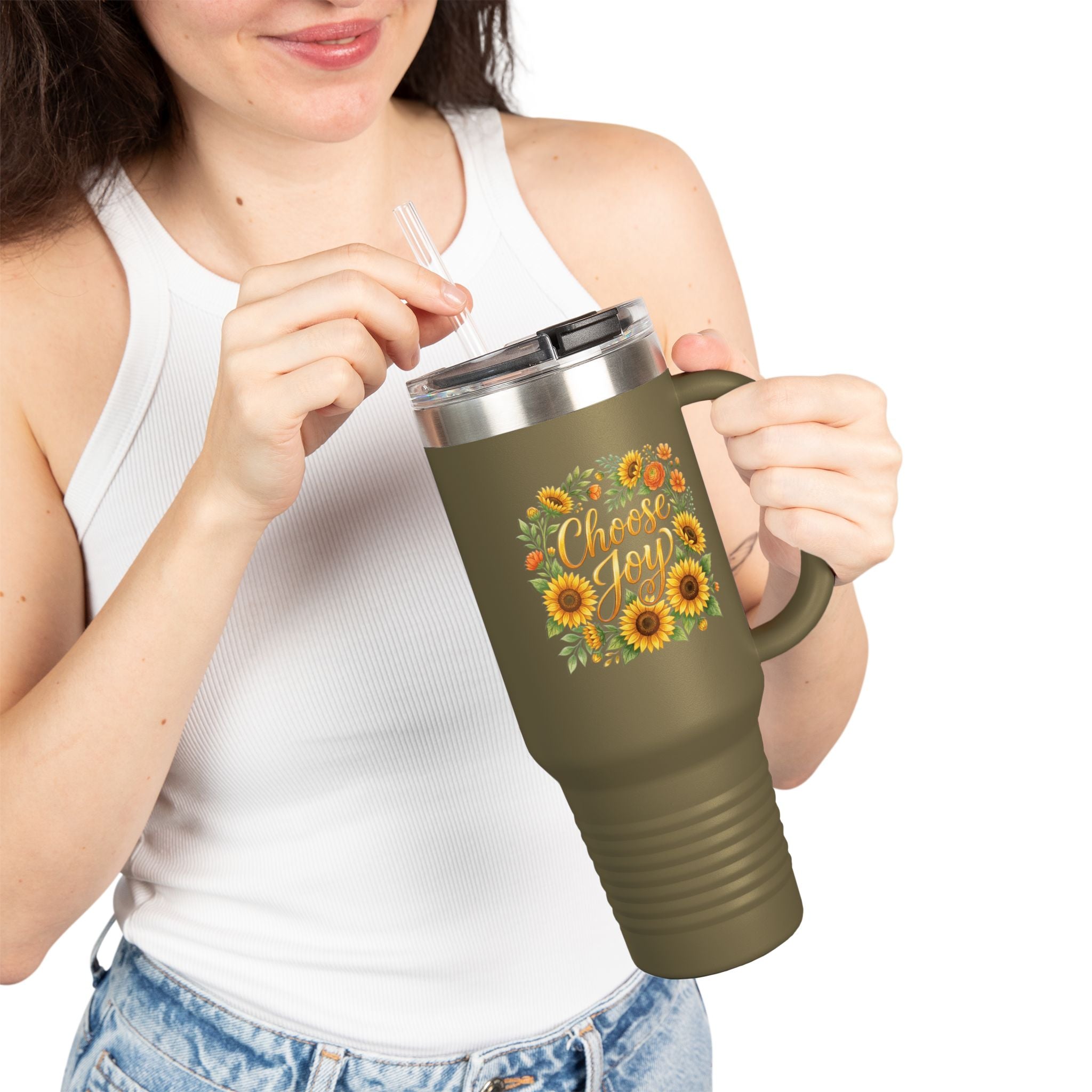 40oz Insulated Travel Mug — 'Choose Joy' Sunflower Design