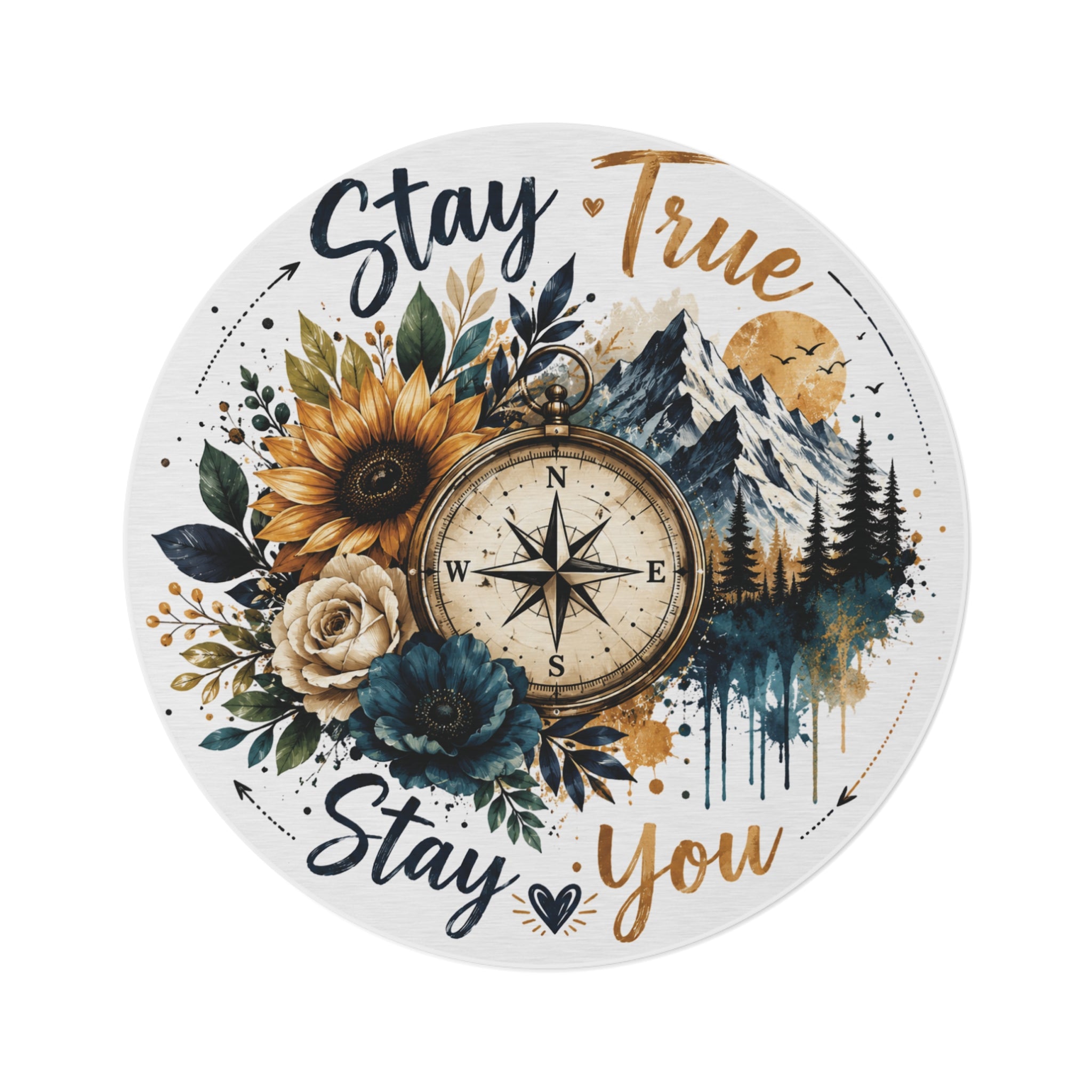 Round Rug — 'Stay True Stay You' Compass Floral Mountain Boho Accent Rug