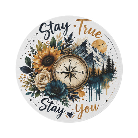 Round Rug — 'Stay True Stay You' Compass Floral Mountain Boho Accent Rug
