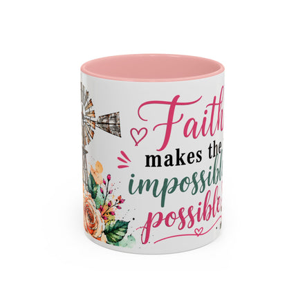 "Faith Makes the Impossible Possible" Coffee Mug — Floral Cross Inspirational Christian 110z