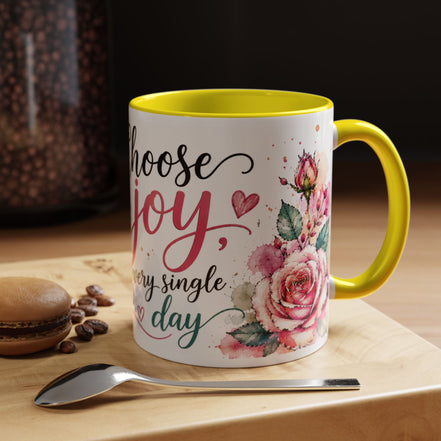 Choose Joy Floral Coffee Mug – Inspirational Pink Rose Accent Mug (11/15oz)