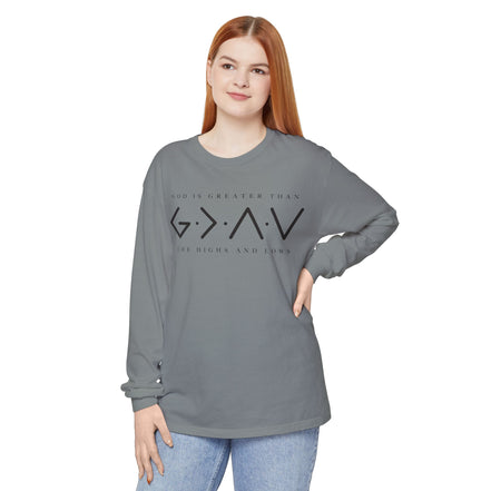 God Is Greater Than Long Sleeve T-Shirt — "God Is Greater Than The Highs And Lows" Christian Tee