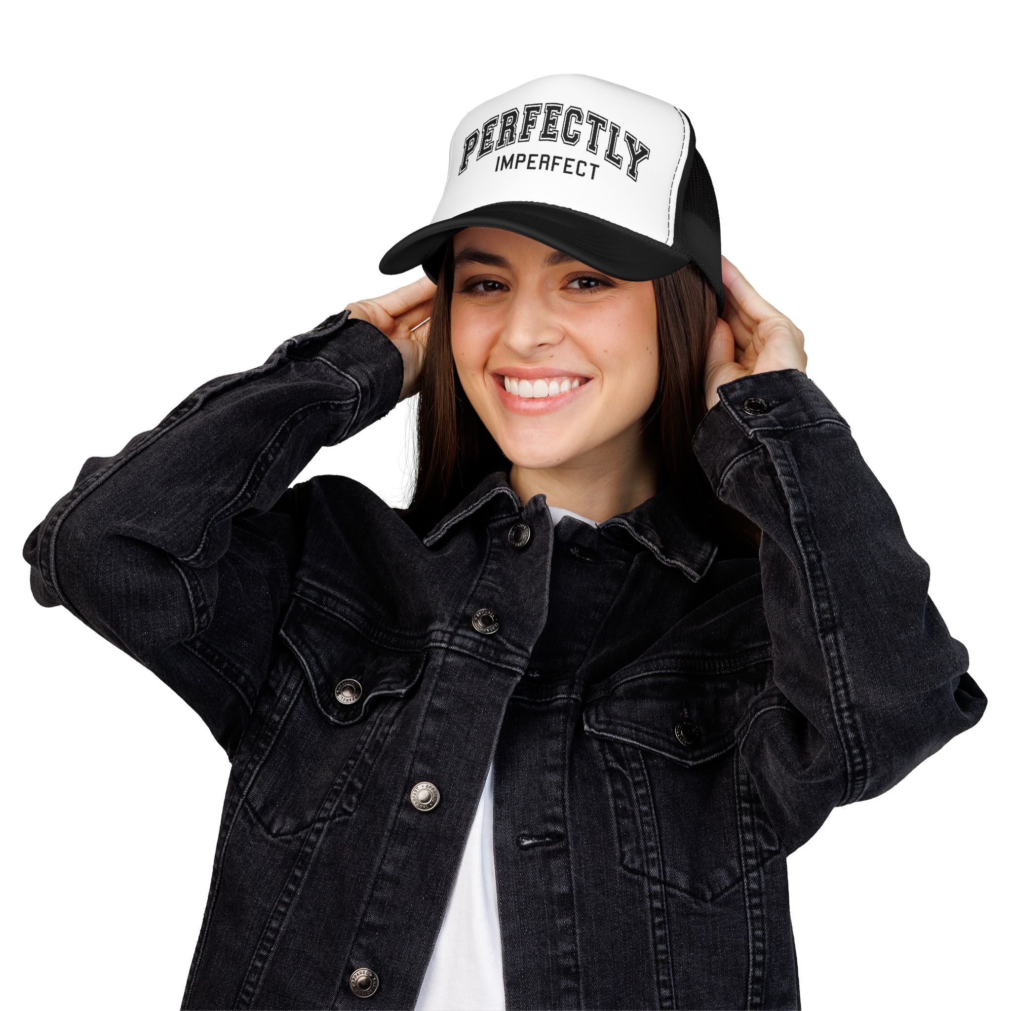 Women's Perfectly Imperfect Foam Trucker Hat — Casual Mesh Cap with Positive Message