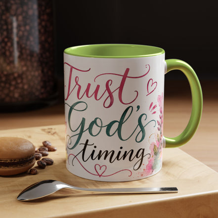 Faith Coffee Mug (11oz) — "Trust God's Timing" Floral Accent Mug