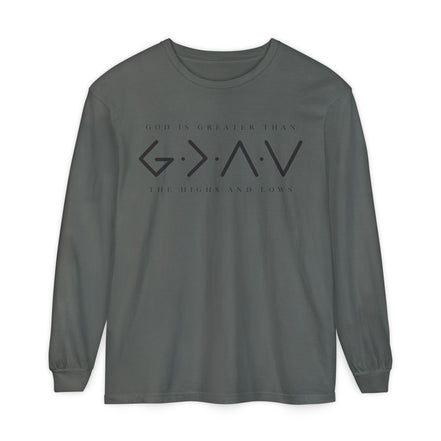 God Is Greater Than Long Sleeve T-Shirt — "God Is Greater Than The Highs And Lows" Christian Tee