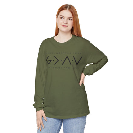 God Is Greater Than Long Sleeve T-Shirt — "God Is Greater Than The Highs And Lows" Christian Tee