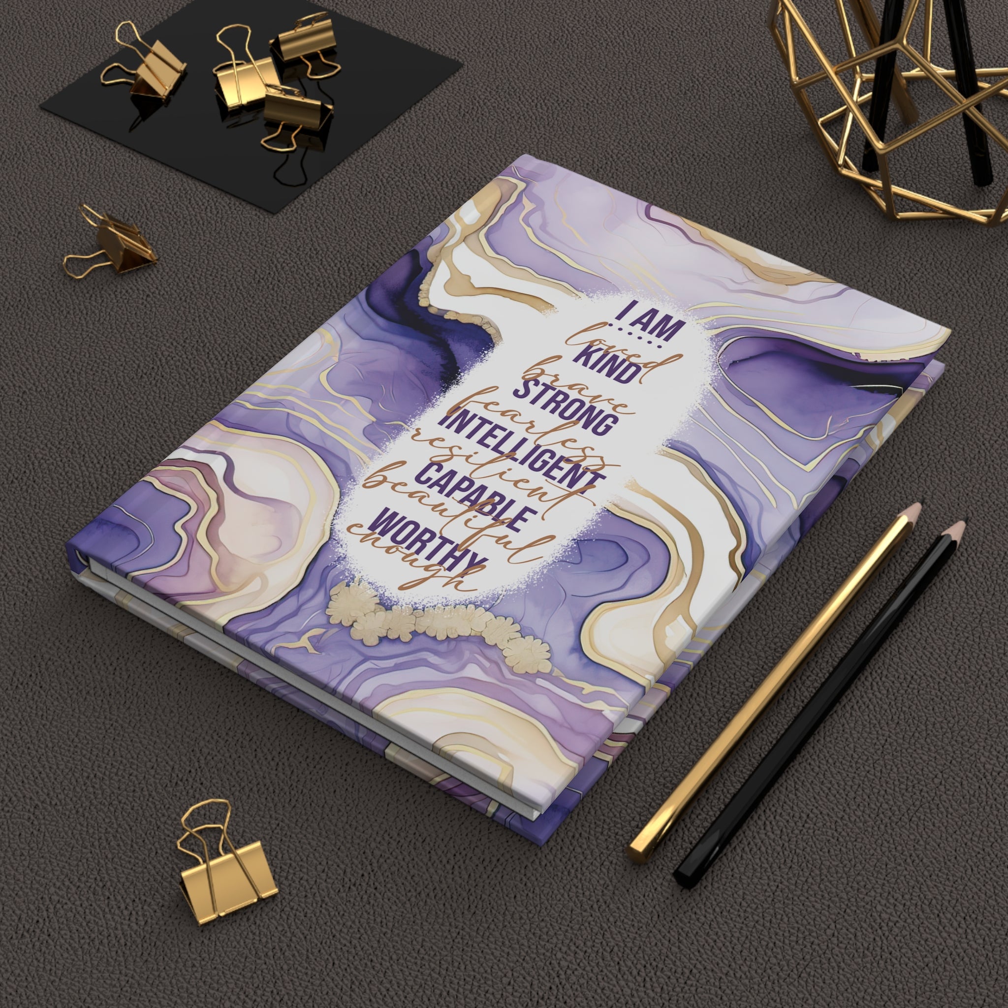 Affirmation Hardcover Journal — I Am Kind, Brave, Strong (Purple Marble)