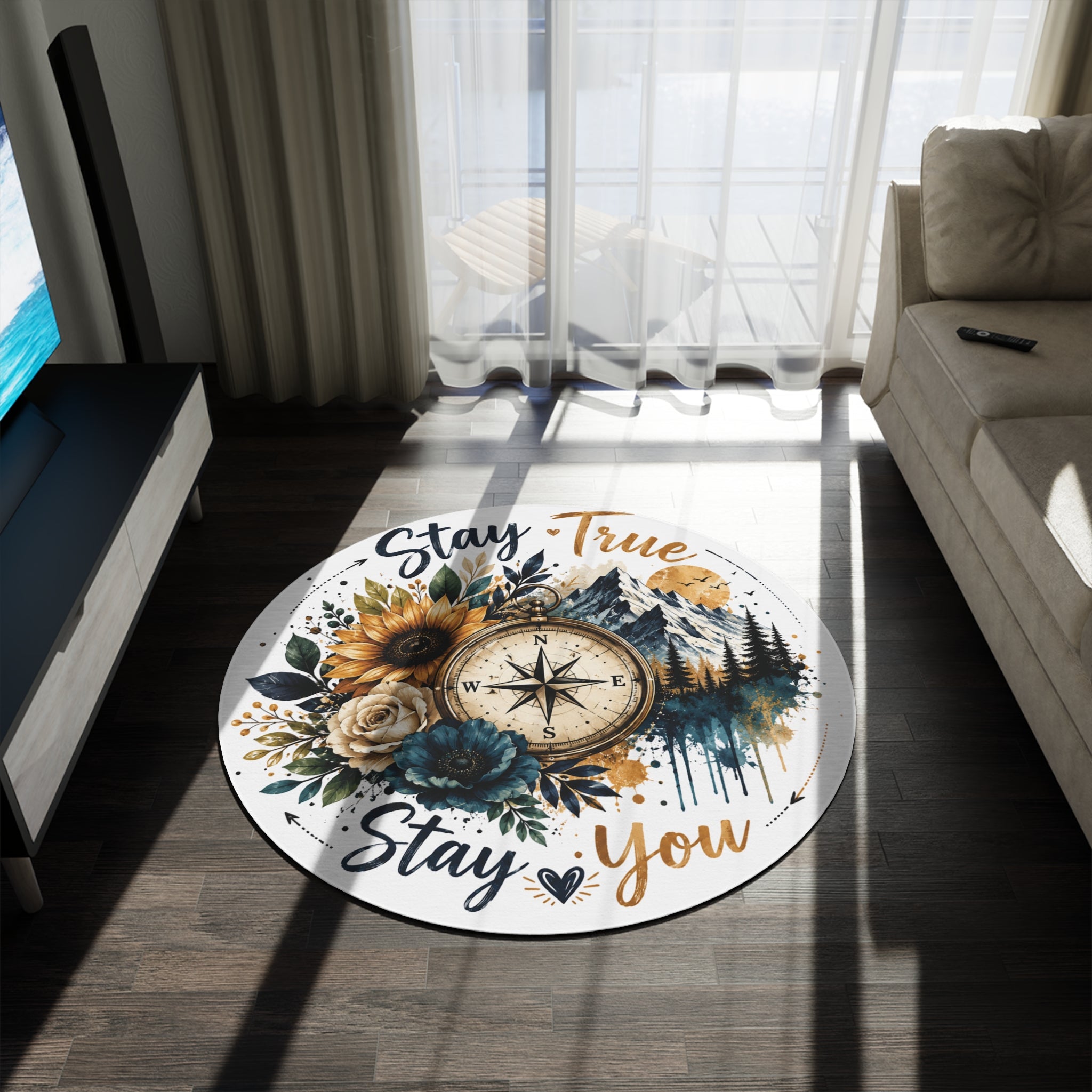 Round Rug — 'Stay True Stay You' Compass Floral Mountain Boho Accent Rug