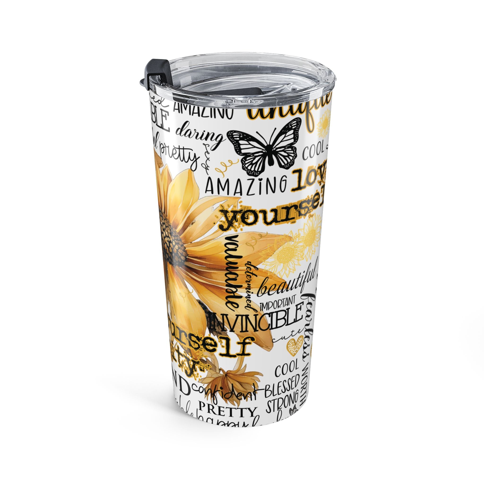 Inspirational Sunflower 20oz Tumbler — Motivational Word Art Travel Mug