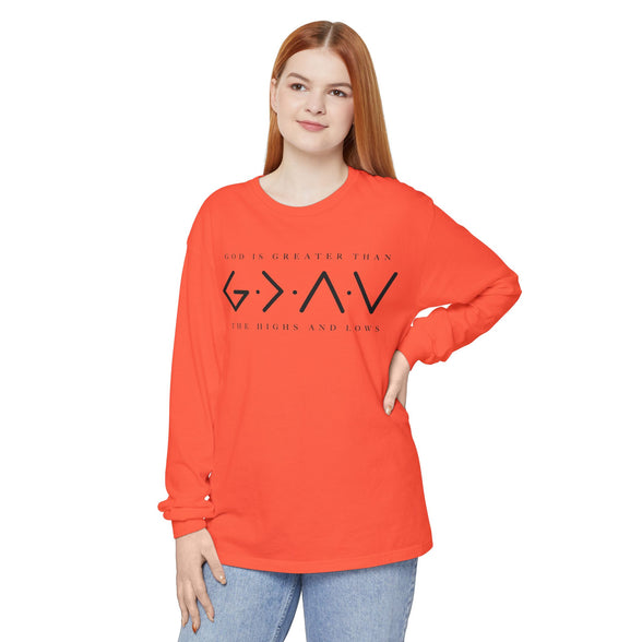 God Is Greater Than Long Sleeve T-Shirt — "God Is Greater Than The Highs And Lows" Christian Tee