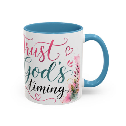 Faith Coffee Mug (11oz) — "Trust God's Timing" Floral Accent Mug