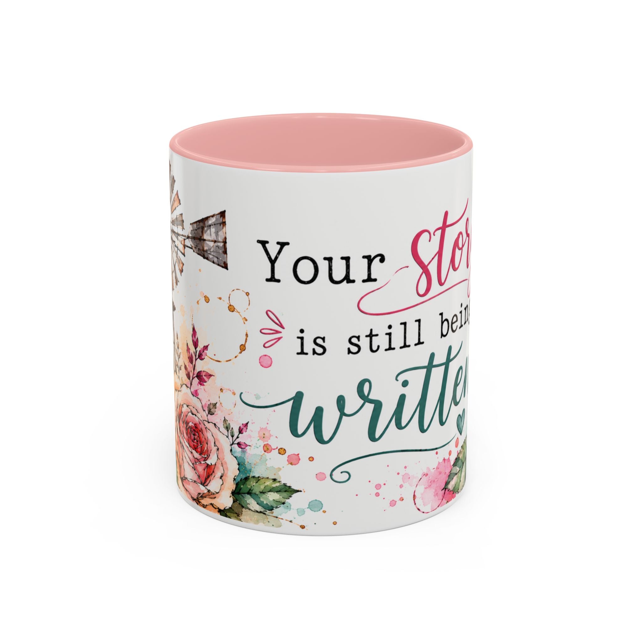 Inspirational Floral Accent Coffee Mug — “Your Story Is Still Being Written”
