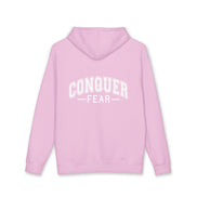 Unisex Hoodie — Conquer Fear Graphic Hooded Sweatshirt (Motivational Pullover)
