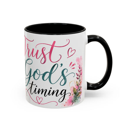 Faith Coffee Mug (11oz) — "Trust God's Timing" Floral Accent Mug
