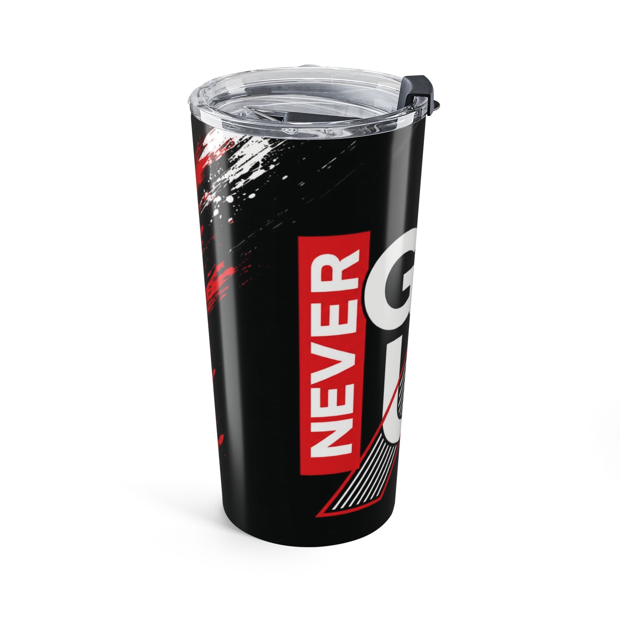 20oz Tumbler — 'Never Give Up' Motivational Insulated Travel Cup (Black & Red)