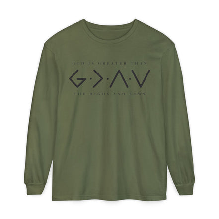 God Is Greater Than Long Sleeve T-Shirt — "God Is Greater Than The Highs And Lows" Christian Tee
