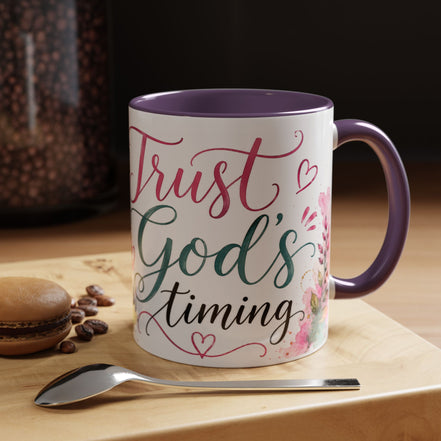 Faith Coffee Mug (11oz) — "Trust God's Timing" Floral Accent Mug