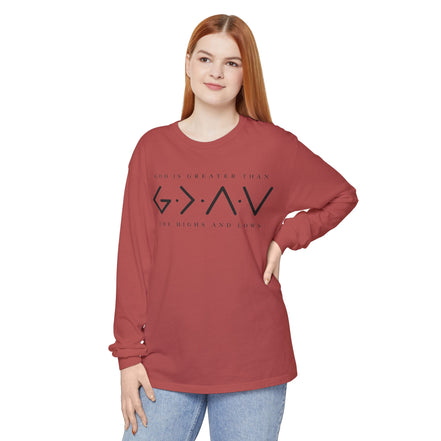 God Is Greater Than Long Sleeve T-Shirt — "God Is Greater Than The Highs And Lows" Christian Tee