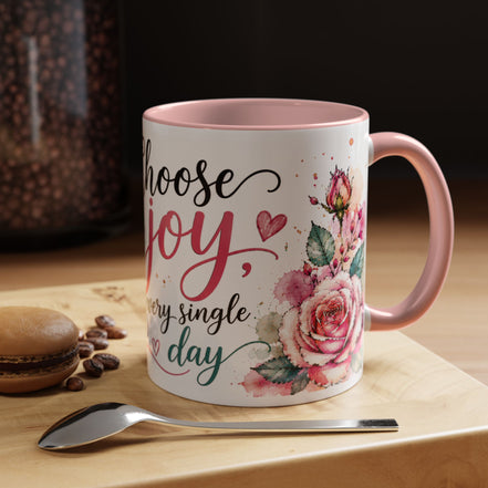Choose Joy Floral Coffee Mug – Inspirational Pink Rose Accent Mug (11/15oz)