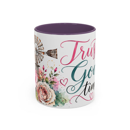 Faith Coffee Mug (11oz) — "Trust God's Timing" Floral Accent Mug