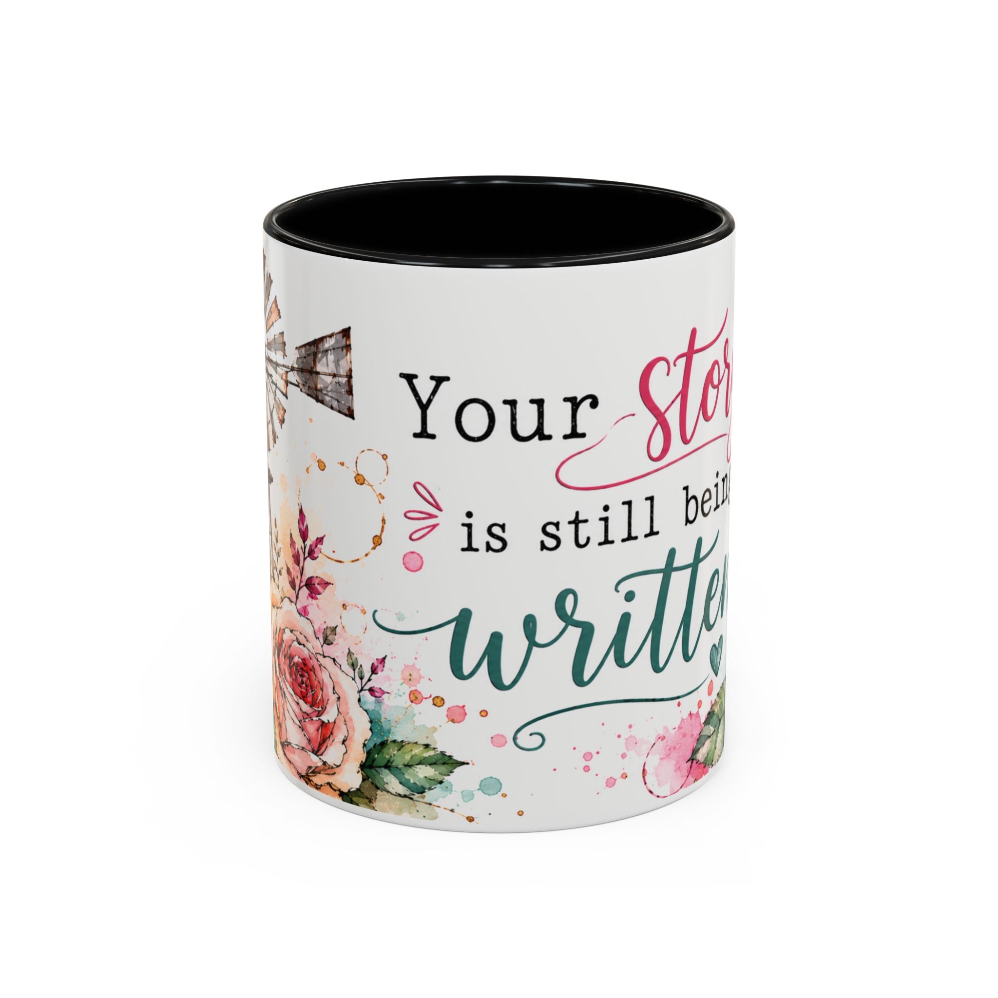 Inspirational Floral Accent Coffee Mug — “Your Story Is Still Being Written”