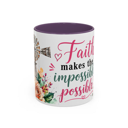 "Faith Makes the Impossible Possible" Coffee Mug — Floral Cross Inspirational Christian 110z