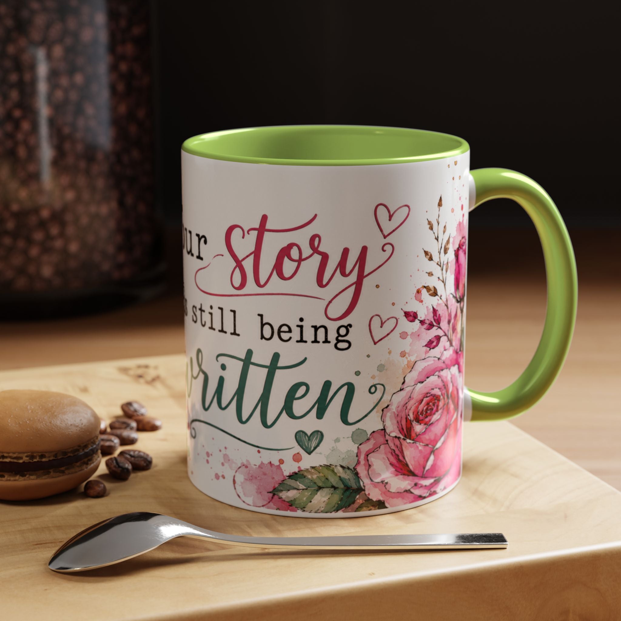 Inspirational Floral Accent Coffee Mug — “Your Story Is Still Being Written”