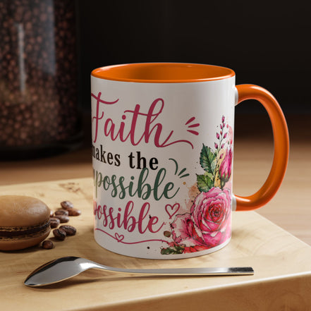 "Faith Makes the Impossible Possible" Coffee Mug — Floral Cross Inspirational Christian 110z