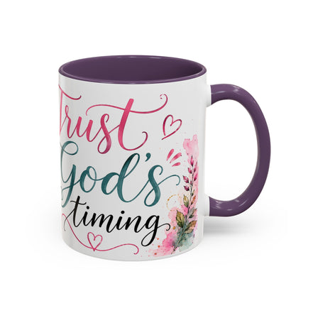 Faith Coffee Mug (11oz) — "Trust God's Timing" Floral Accent Mug