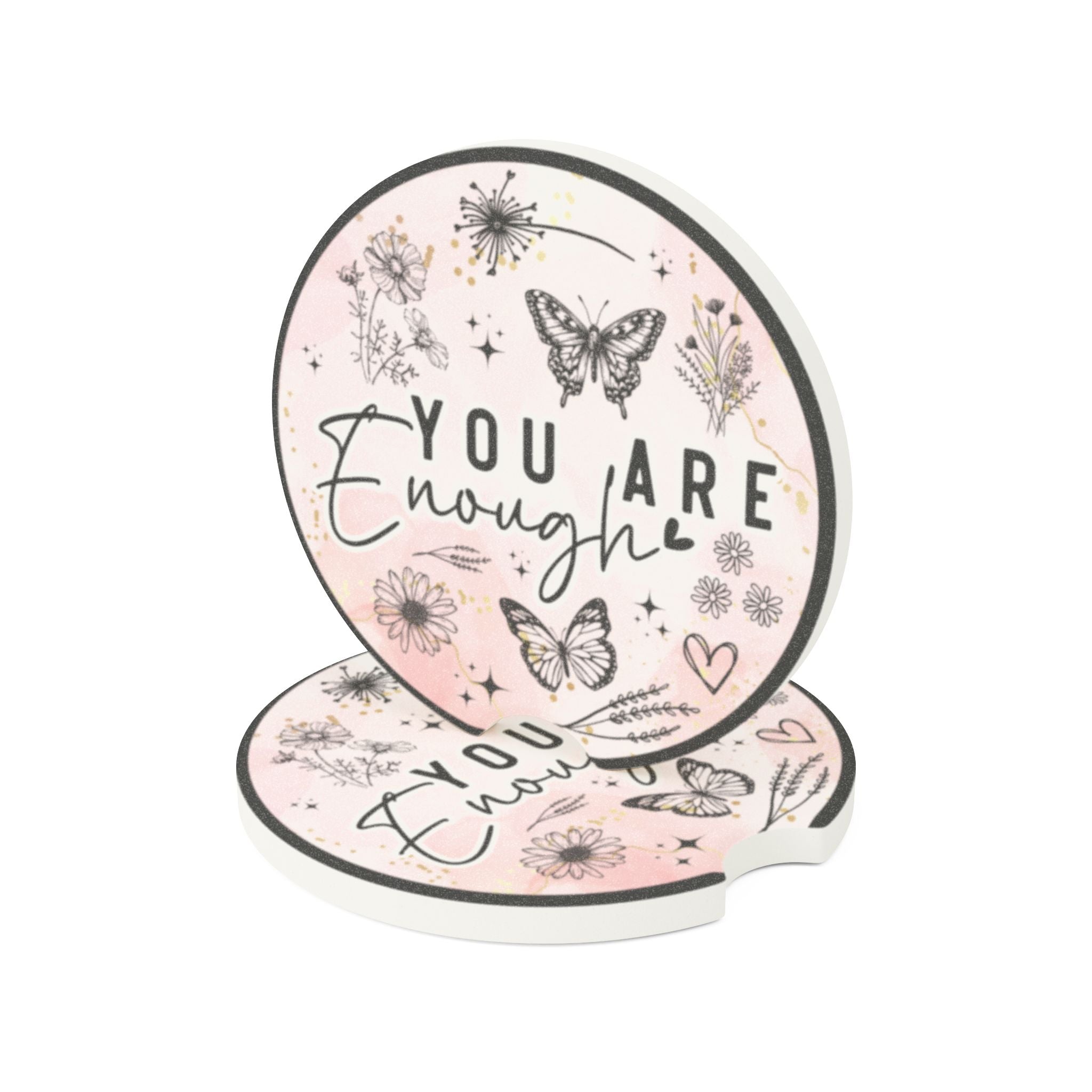 You Are Enough Soapstone Car Coaster — Inspirational Butterfly Floral Car Cup Holder Insert