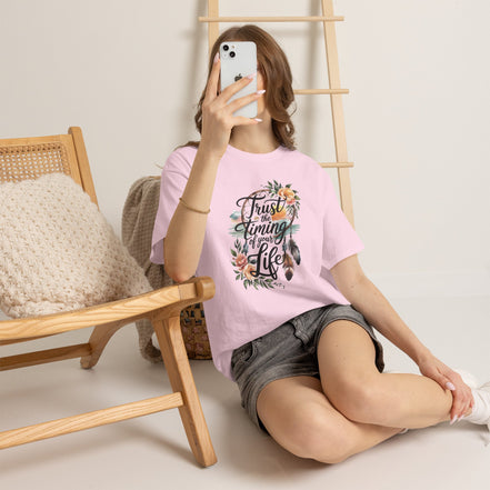 Women's Inspirational Tee — "Trust the Timing of Your Life" Floral Graphic